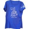 Blue short-sleeved t-shirt that says "Let the Horse Move You" around white line drawing of a horse and rider.
